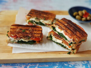 Greek Panini With Muenster, Spinach, Tomatoes And Olives