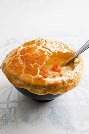 Smoky Potato-Cheese Soup Baked in Puff Pastry