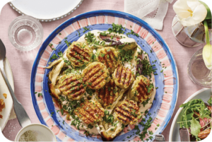 Cheese “Kababs” on Roasted Eggplant with Yogurt Sauce