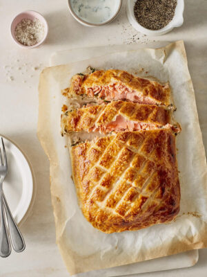 Salmon Wellington with Spinach and Muenster Cheese Stuffing